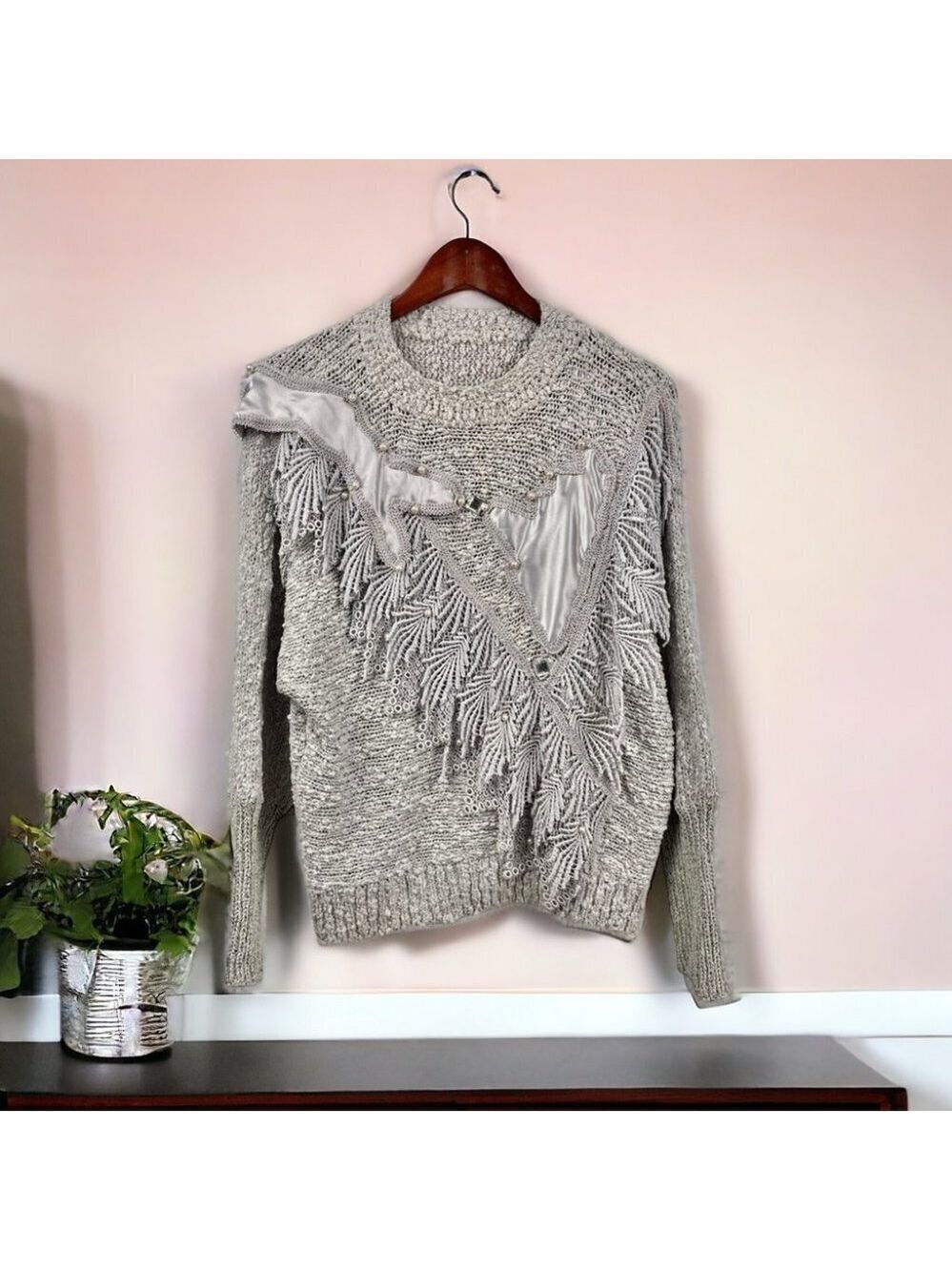 Vintage Ice Grey Embellished Front Sweater Size L